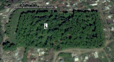 Место захоронения на спутниковой карте кладбища (вид со стороны центрального входа - въезда на кладбище)