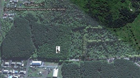Место захоронения на спутниковой карте кладбища (вид со стороны центрального входа - въезда на кладбище)